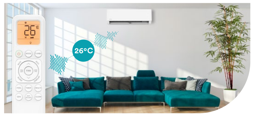 Función I Feel: temperatura más precisa donde estás tú La función I Feel permite que el mando a distancia actúe como sensor de temperatura. De esta manera, el equipo puede tomar como referencia la temperatura del entorno donde se encuentra el usuario, no únicamente la temperatura detectada en la unidad interior. Esta prestación mejora la precisión del confort, ya que ayuda a mantener la temperatura deseada justo en la zona donde estás. Es especialmente útil en dormitorios, despachos y estancias pequeñas donde se busca una sensación térmica más ajustada y agradable.